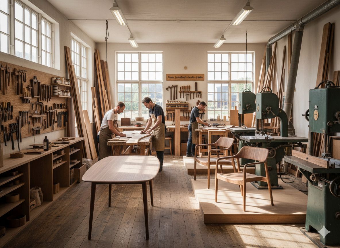 Dansk møbelværksted med naturlige træmaterialer